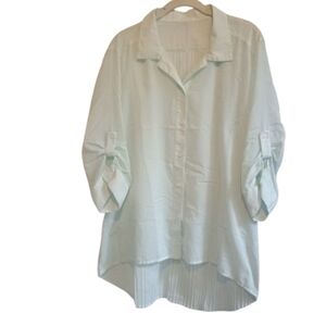 Chico’s Women’s Striped Button Front Tunic Blouse White Teal Roll Tab‎ Sleeve